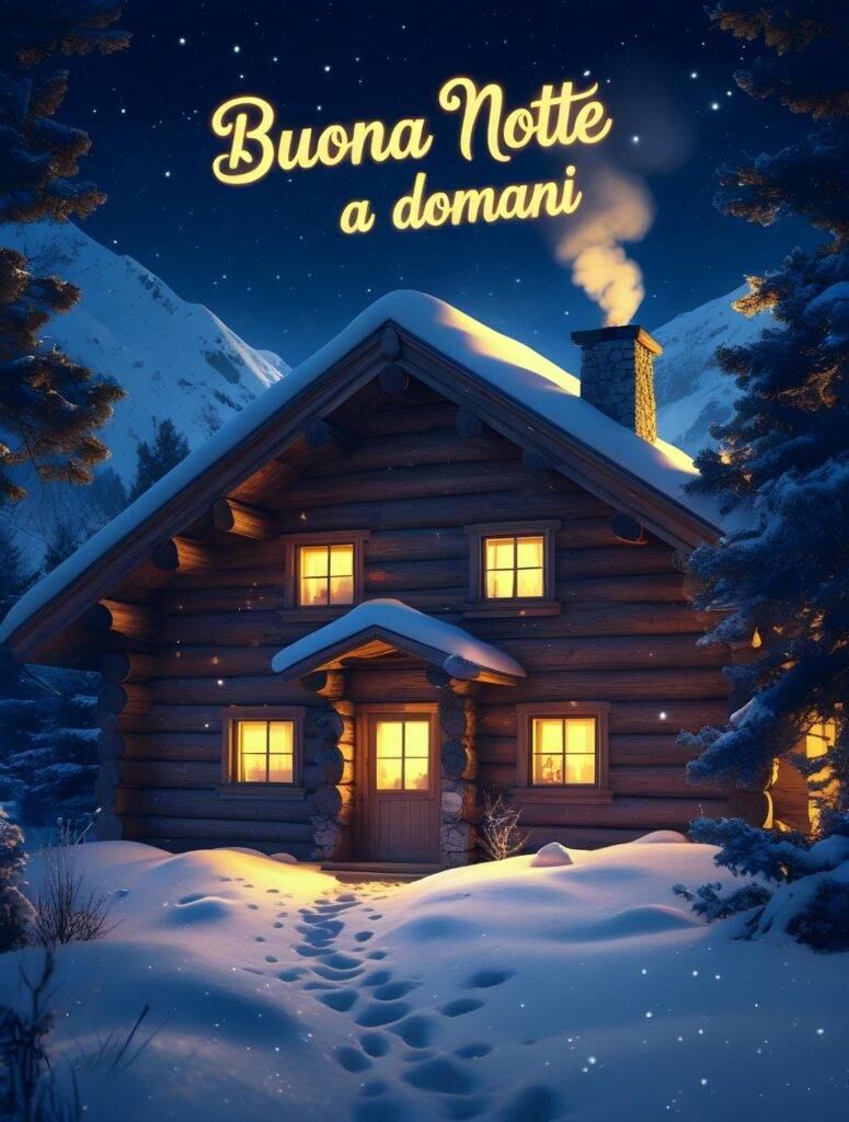 Splendida baita di montagna in legno coperta di neve con luci calde accese alle finestre di notte, perfetta per sfondi buonanotte invernali e auguri di buona notte a domani