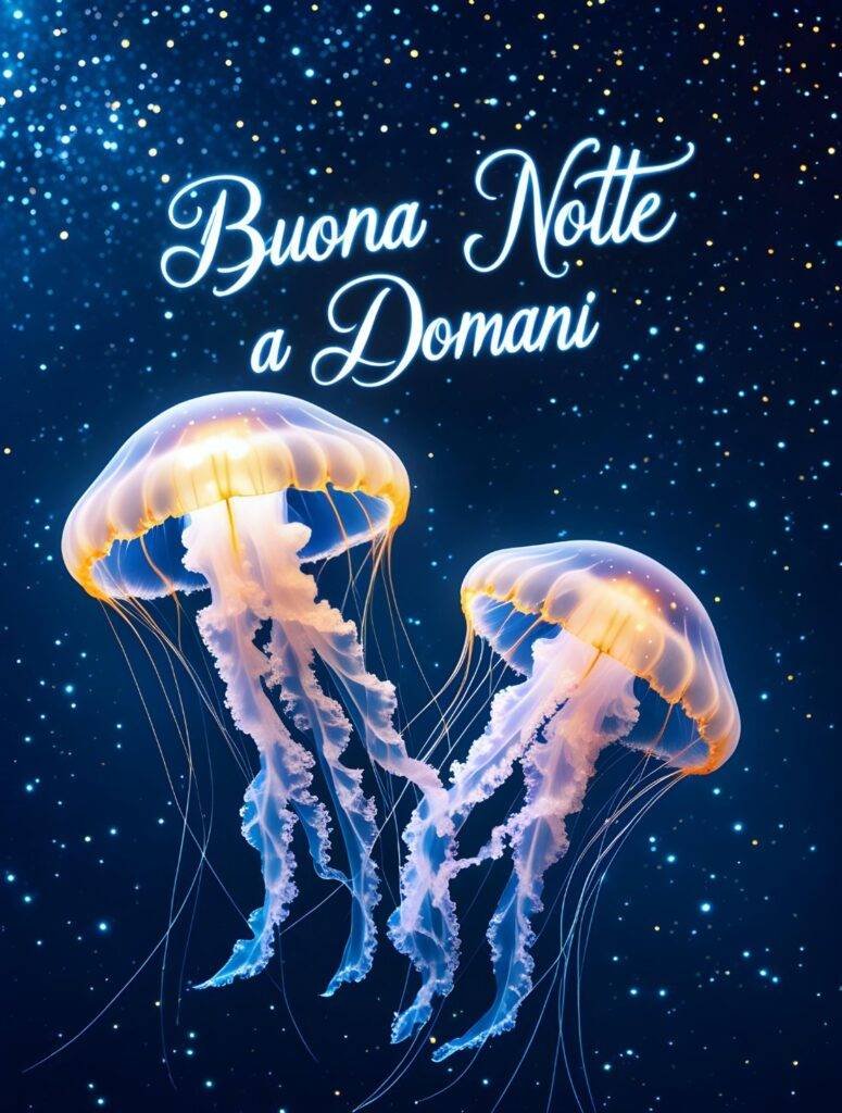 Sfondo magico e profondo con due meduse luminose fluttuanti nel mare blu stellato, perfetto come splendida immagine di buona notte a domani originale e suggestiva