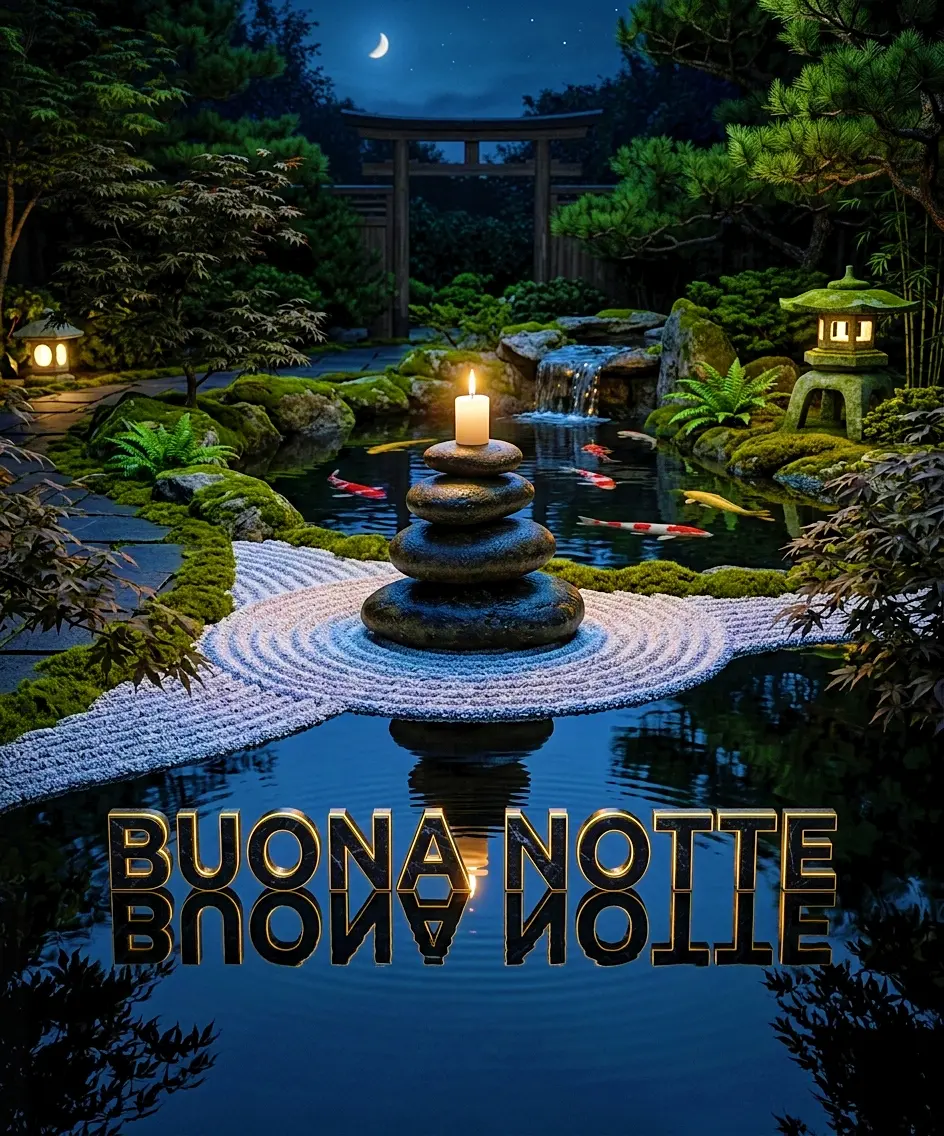 Un rilassante giardino zen con pietre impilate, candela e pesci koi, perfetto per chi apprezza un nuovissimo buonanotte immagini recenti dallo stile calmo e pacifico
