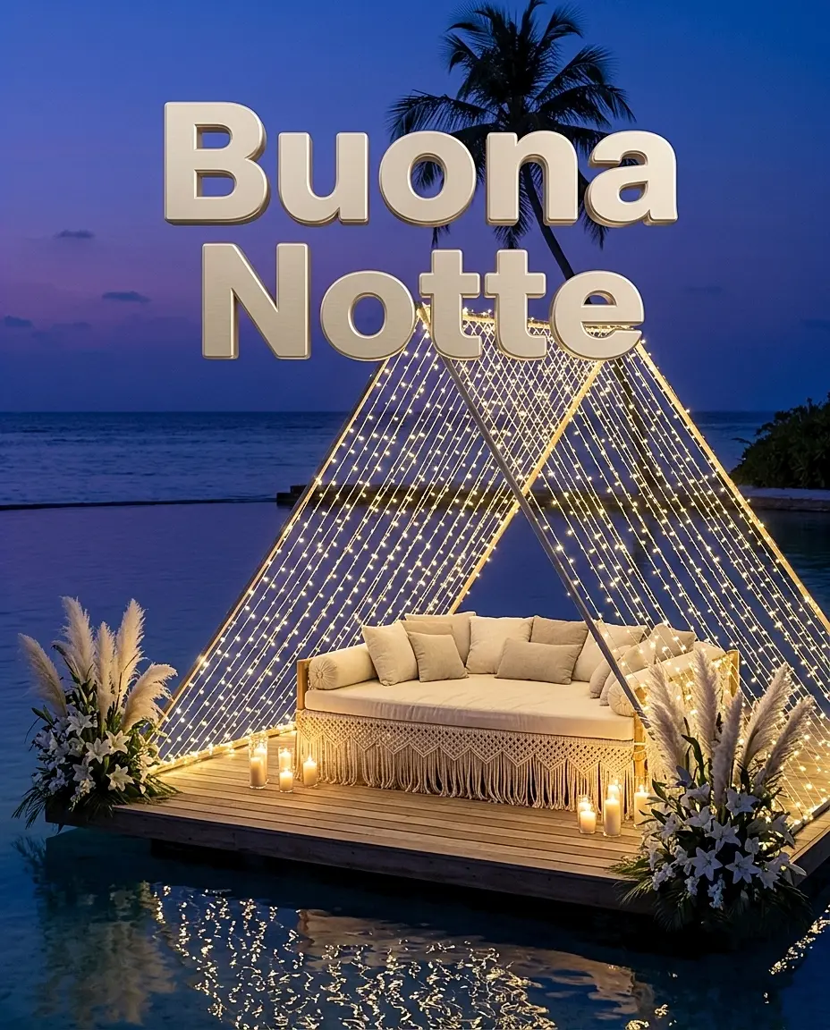Sofà di lusso su una piattaforma di legno galleggiante nel mare illuminata da luci a triangolo, sfondo buonanotte spettacolare e moderno"