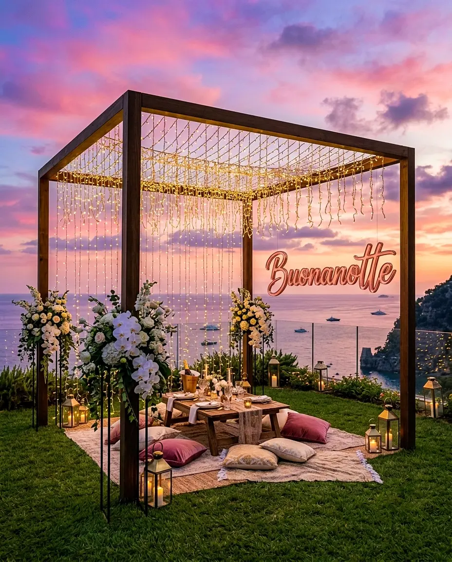 Gazebo di lusso illuminato sul mare al tramonto con tavolo romantico e cuscini, ideale per una buonanotte d'amore elegante e suggestiva