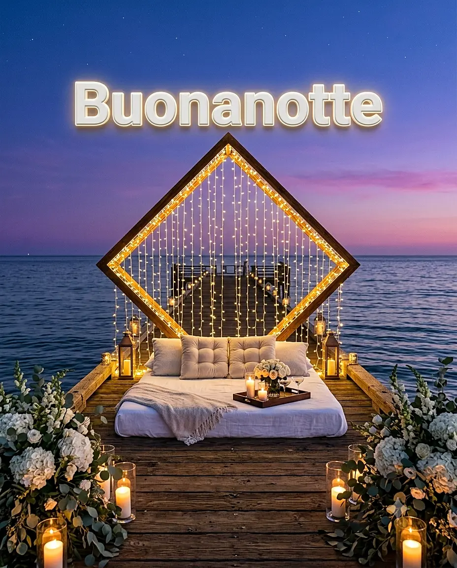 Letto romantico su un molo di legno in mezzo al mare circondato da luci a forma di rombo, perfetta cartolina di buonanotte rilassante e profonda