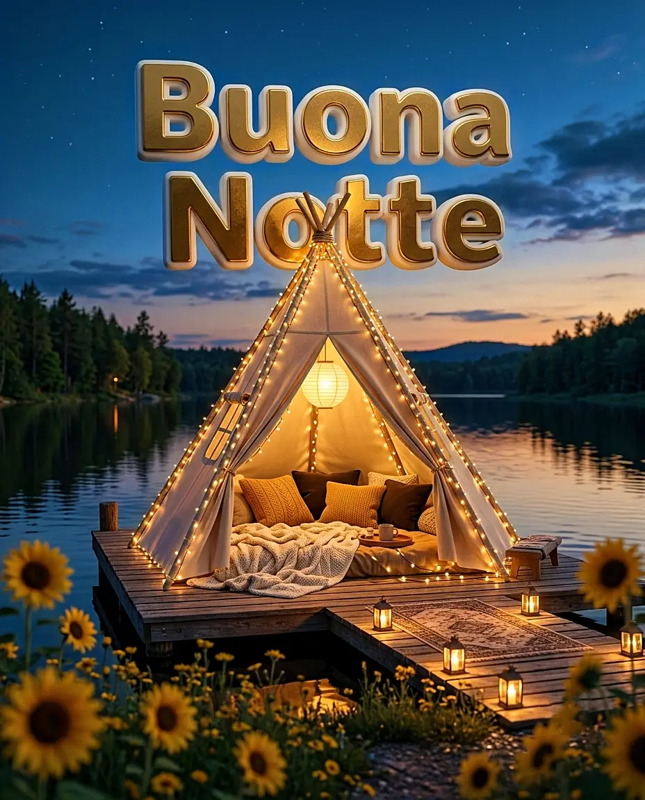 Tenda tepee accogliente con luci calde su un molo di legno al tramonto, girasoli in primo piano e scritta buonanotte bellissima per whatsapp"