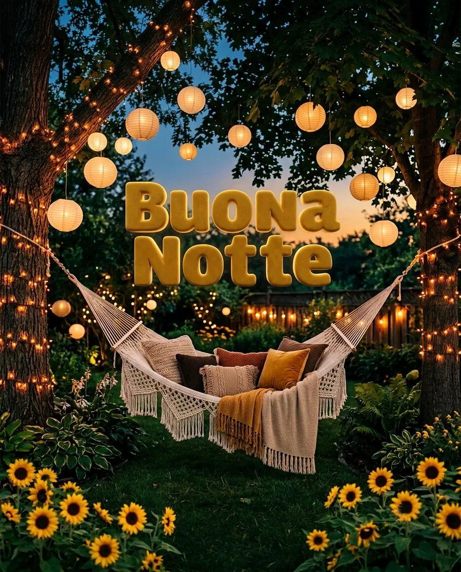 Amaca accogliente in giardino decorata con lanterne di carta appese e girasoli di notte, ottima come immagine buonanotte affettuosa e serena