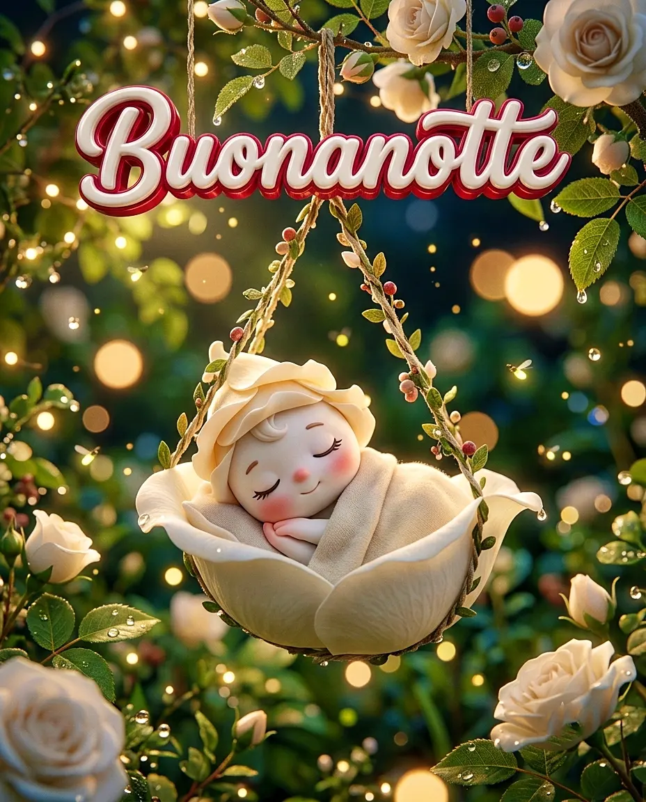 immagini buonanotte belle gratis per WhatsApp: neonato che dorme dentro una rosa bianca