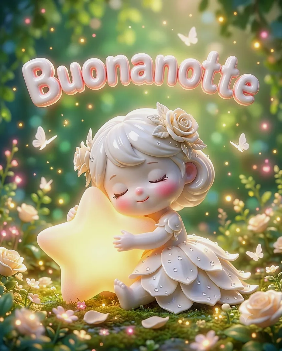 Una dolce bimba vestita da petali che abbraccia una stella luminosa in un prato fiorito, splendida per condividere un nuovissimo buonanotte immagini recenti e tenero