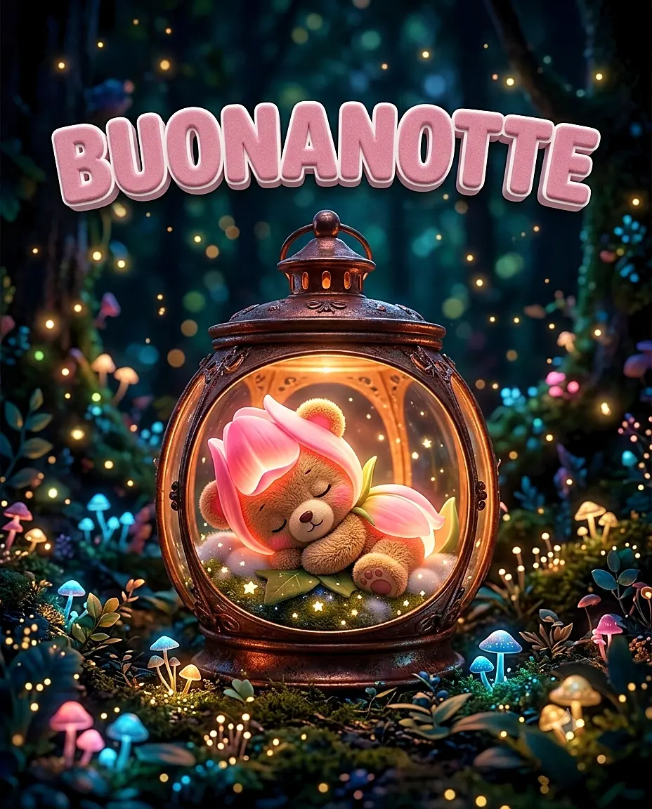 Dolce orsetto che dorme in una lanterna magica nel bosco fatato, ideale per chi cerca immagini buonanotte tenere e sognanti