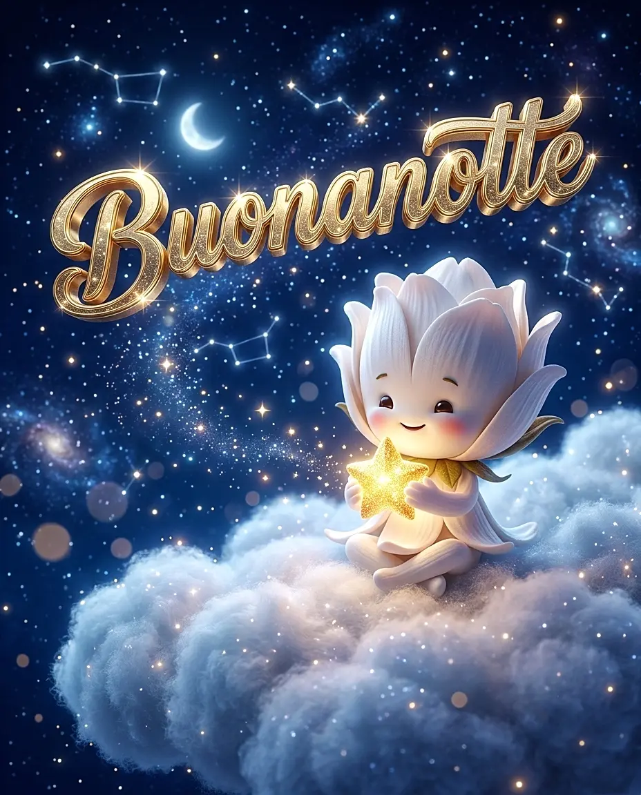 Un tenero personaggio a forma di fiore bianco seduto su una nuvola che stringe una stellina, perfetto se cerchi un nuovissimo buonanotte immagini recenti e fatato