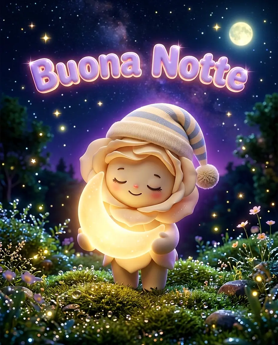 Immagini buonanotte tenere: personaggio carino in pigiama a righe che stringe una mezzaluna luminosa nel bosco