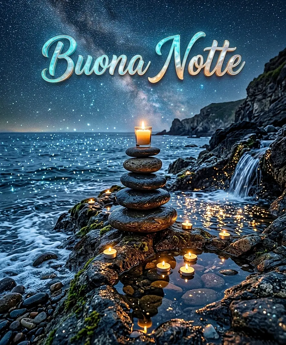 Splendida buonanotte marina con pietre zen e candela su una scogliera illuminata sotto la via lattea, perfetta come immagine buonanotte bella per whatsapp