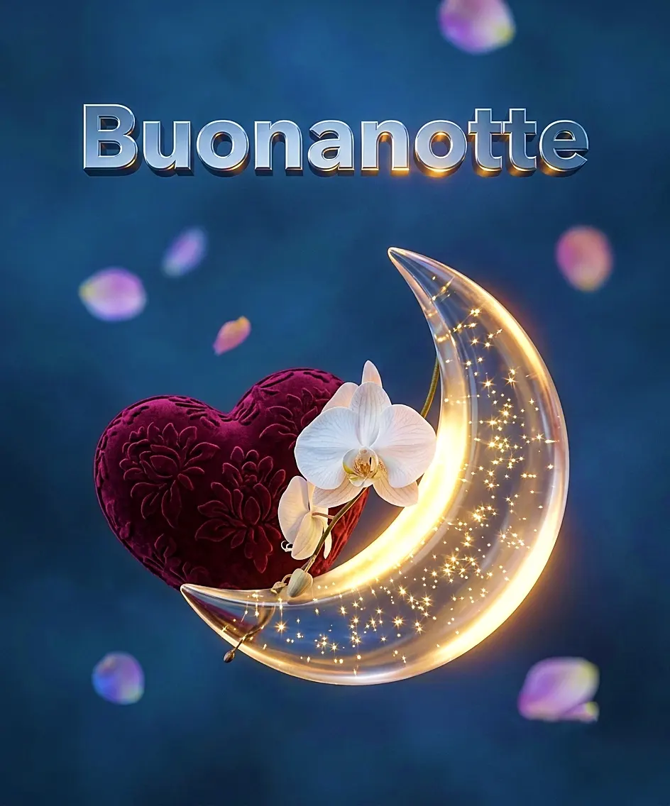 Immagine raffinata con cuore di velluto rosso e luna di cristallo luminosa su sfondo blu, ideale come buonanotte d'amore originale per whatsapp