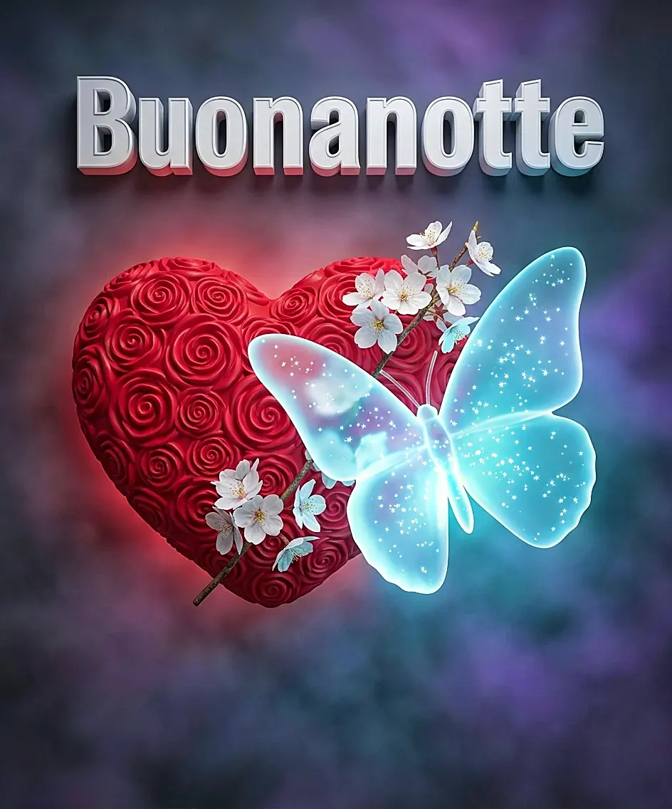 Cuore di rose rosse tridimensionale con farfalla blu luminosa e fiori bianchi, perfetta cartolina di buonanotte amore mio romantica e moderna