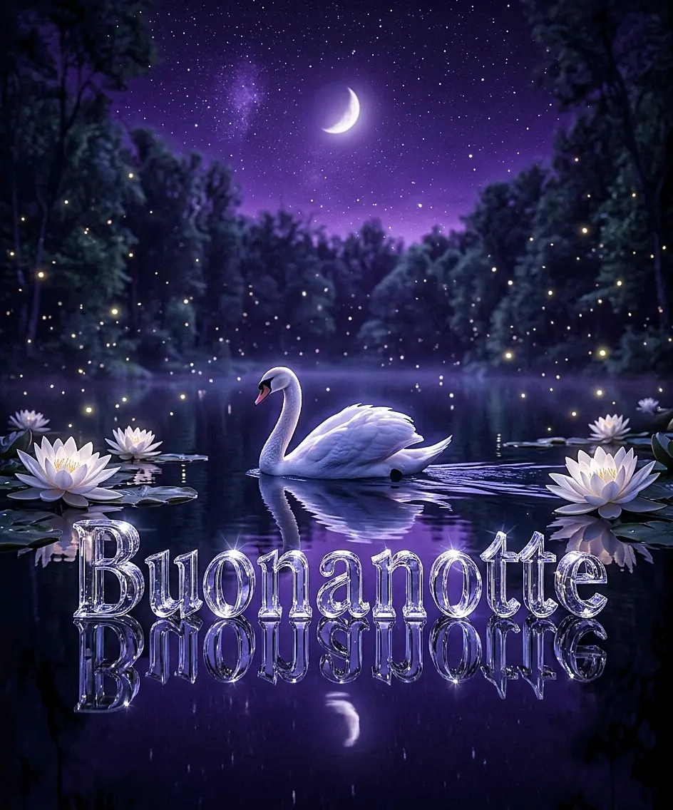 Elegante cigno bianco che nuota tra le ninfee sotto la luna, una delle più suggestive immagini buonanotte a tema natura