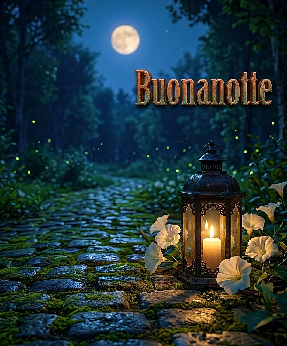 Una lanterna antica con candela accesa sul sentiero di pietra circondato da fiori bianchi e lucciole, un'incantevole idea per trovare immagini buonanotte a tema natura