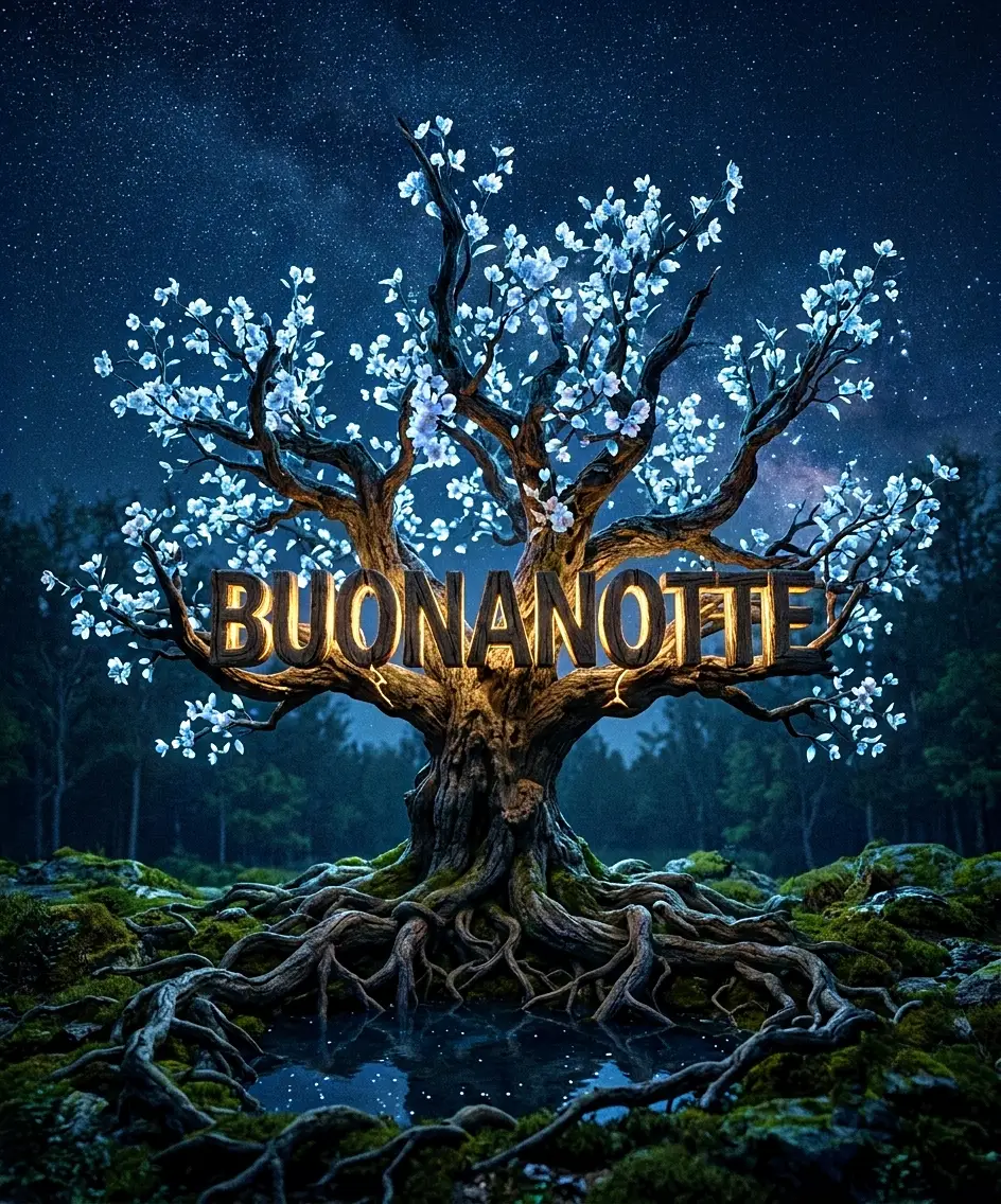 Albero magico dai fiori bianchi luminosi di notte con radici intrecciate su un laghetto, scritta in legno Buonanotte, sfondo perfetto per immagini buonanotte suggestive