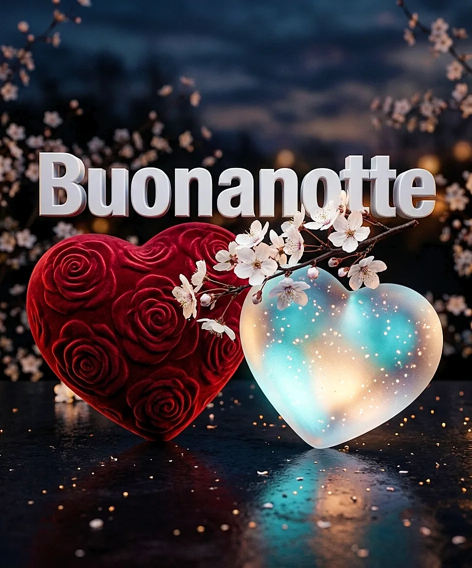 Un cuore di rose rosse accanto a un cuore di cristallo luminoso tra rami di ciliegio fioriti, splendida grafica per augurare una dolce notte