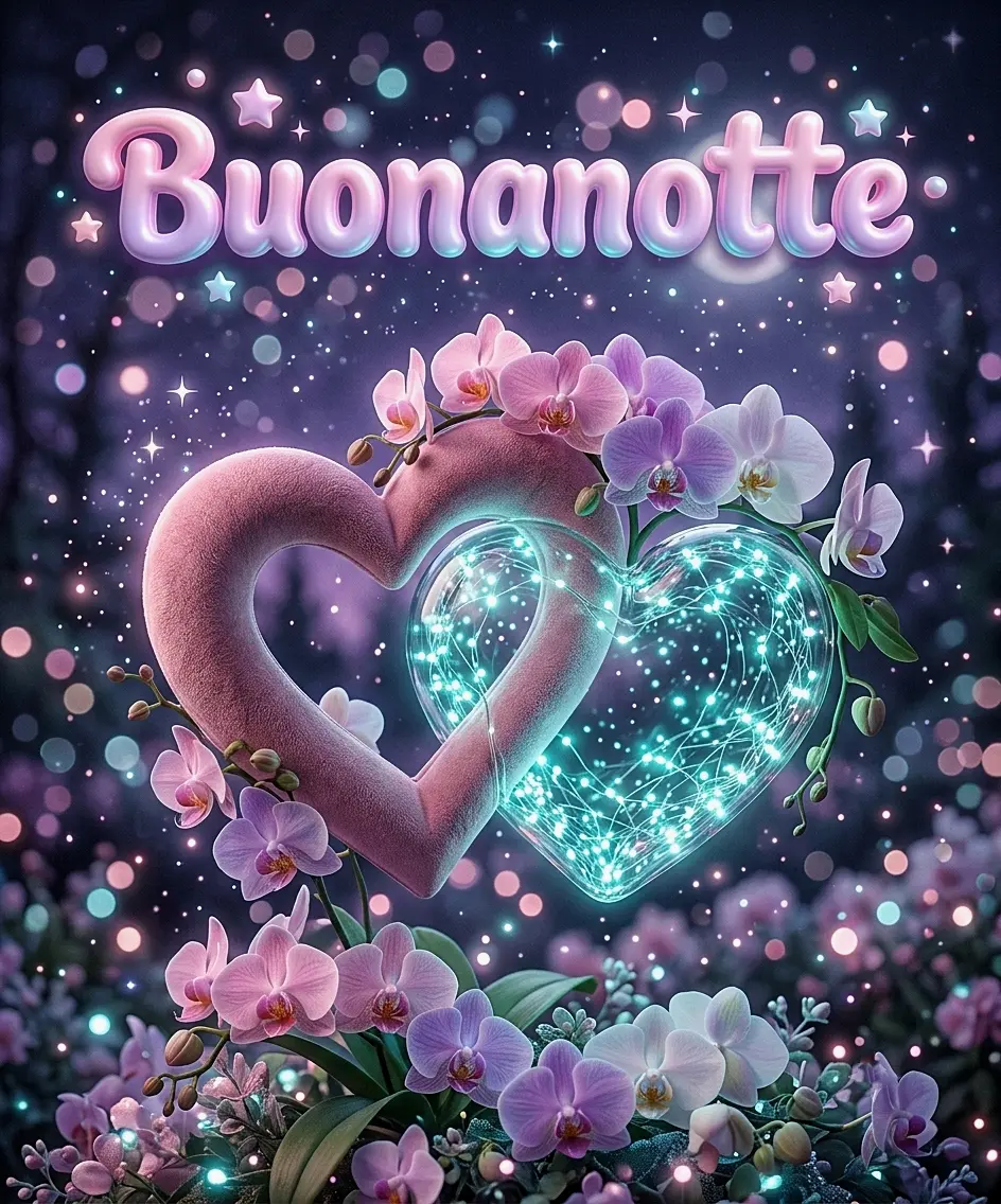 Immagini buonanotte di cuore: due cuori intrecciati fatti di orchidee rosa e luci led azzurre splendenti