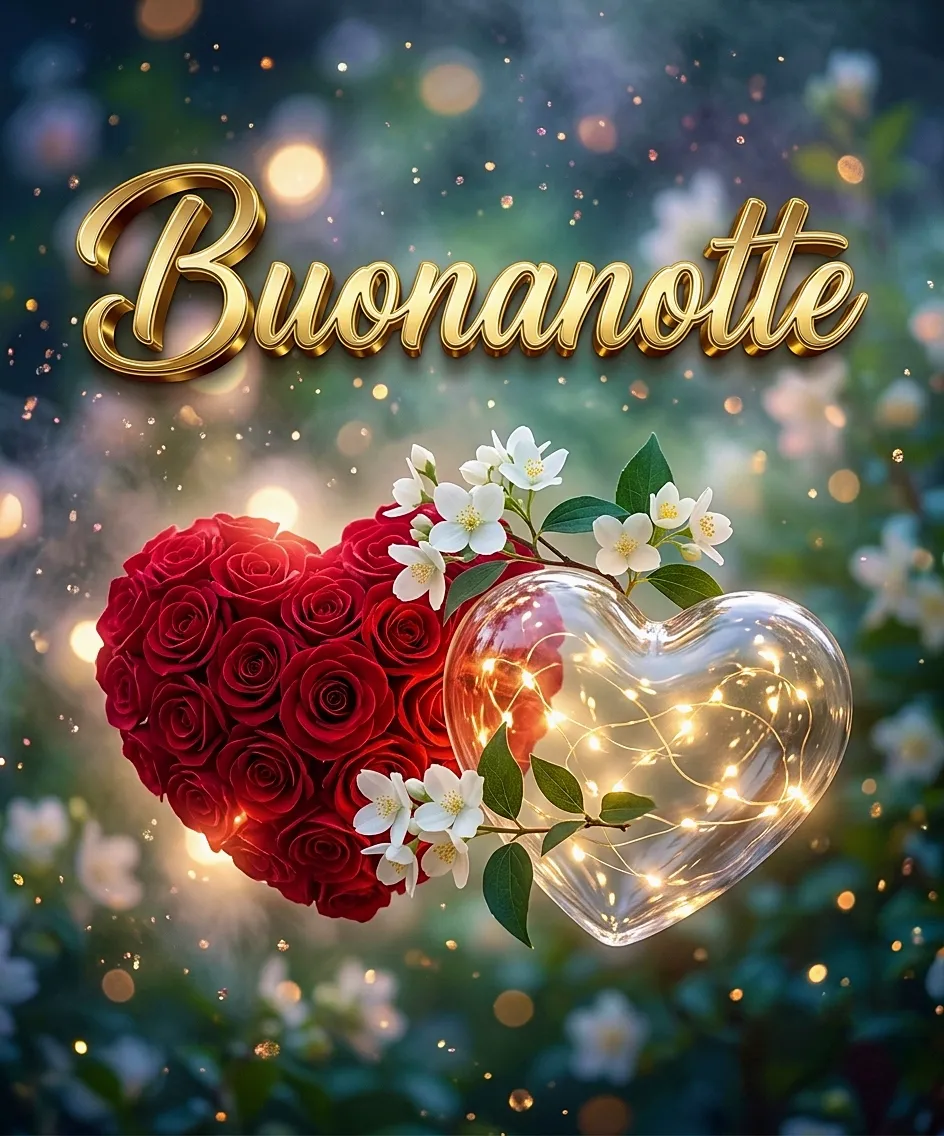 Un romantico cuore di rose rosse intrecciato a un cuore di vetro con luci calde, perfetto per condividere immagini buonanotte dolci e affettuose