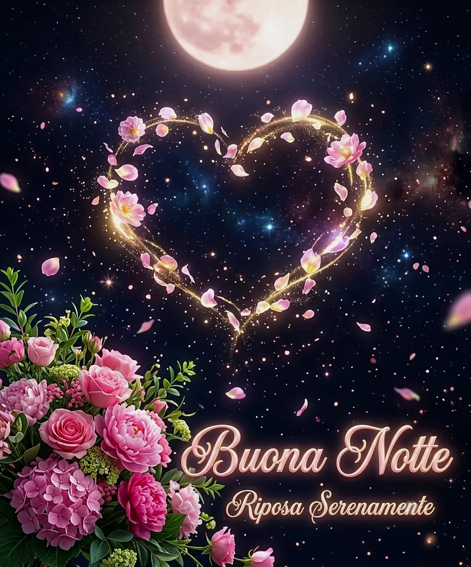 Immagine di buonanotte affettuosa con un cuore di petali rosa luminosi nel cielo stellato e un mazzo di fiori colorati con scritta Buona Notte Riposa Serenamente