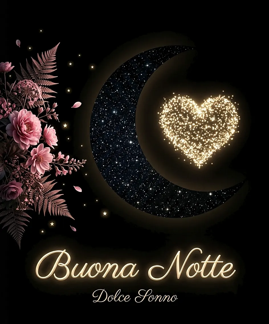 Sfondo elegante per augurare buona notte con una luna crescente di stelle, un cuore scintillante e fiori rosa su sfondo nero con scritta Buona Notte Dolce Sonno