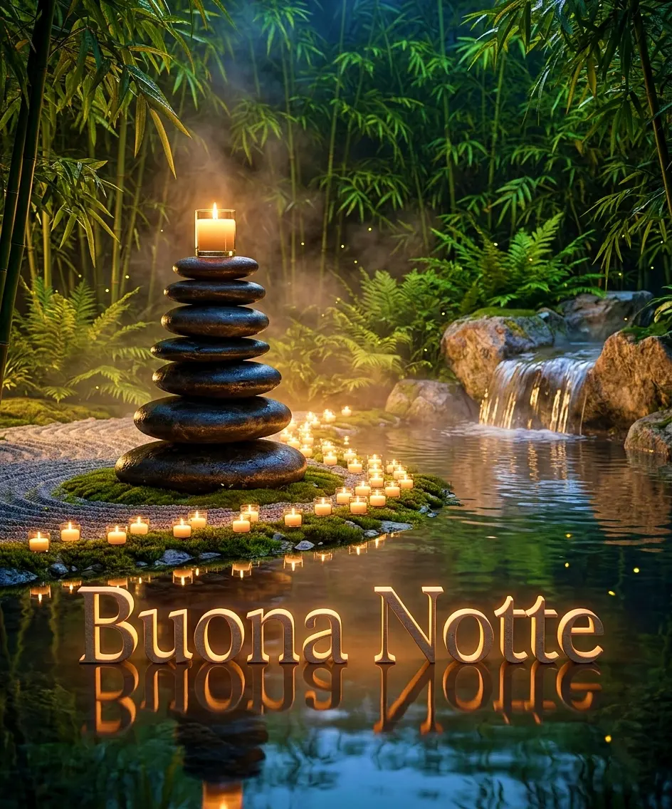 Immagine rilassante con pietre zen e candela accesa in una foresta di bambù con cascata, scritta Buona Notte riflessa nell'acqua, ideale per whatsapp