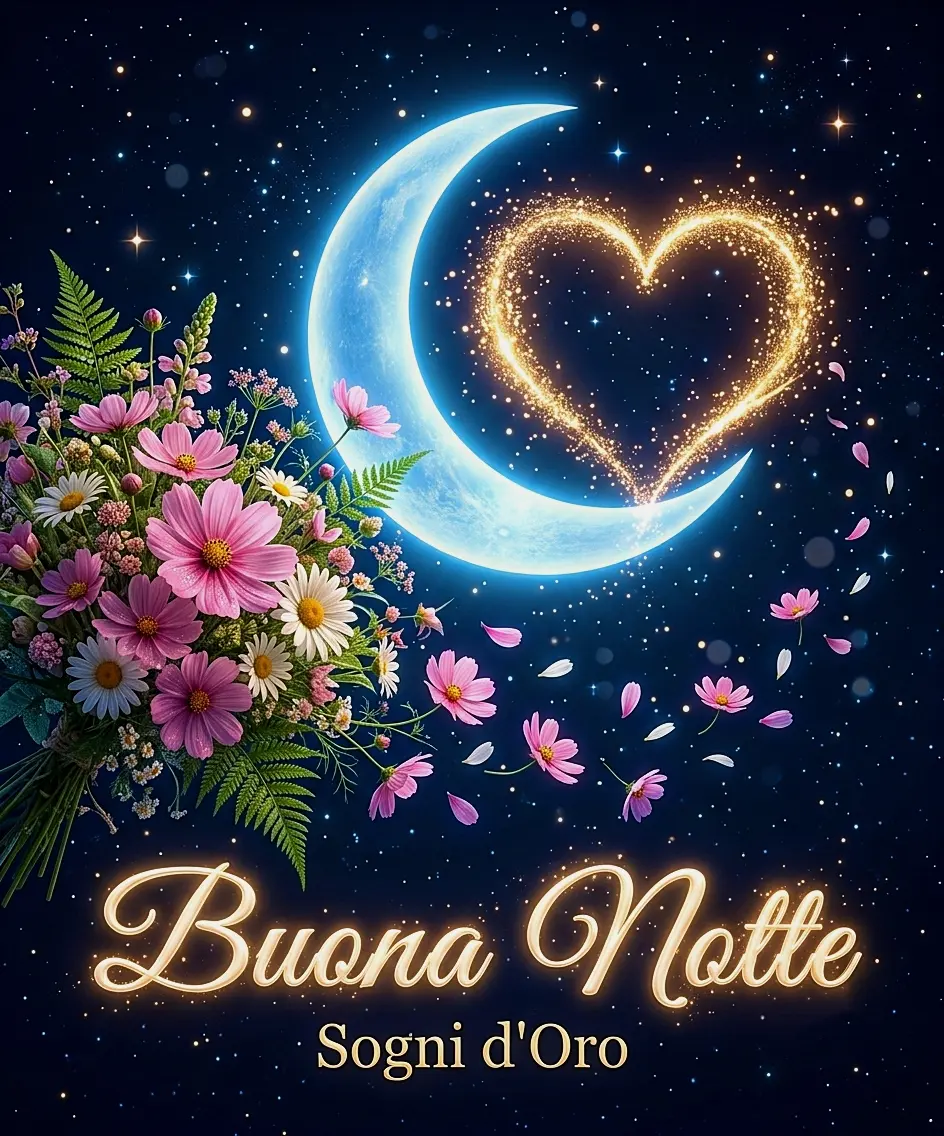 Un mazzo di fiori rosa accanto a una luna blu con un cuore scintillante e la scritta Buona Notte Sogni d'Oro