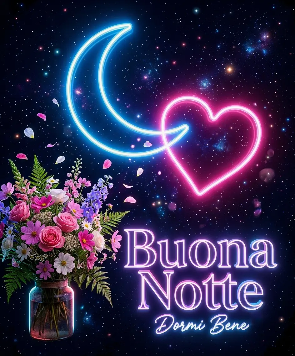 Augurio di buona notte colorato con luna e cuore al neon luminosi nel cielo stellato e un vaso di fiori freschi con testo Buona Notte Dormi Bene