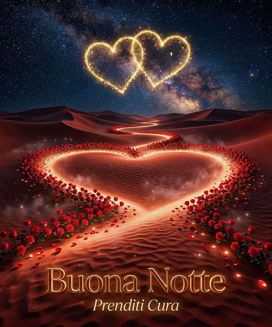 Immagini buonanotte d'effetto: strada di rose rosse che forma un grande cuore luminoso tra le dune del deserto