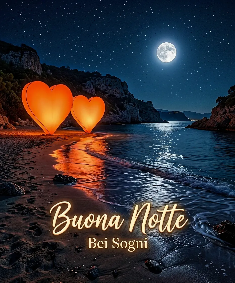 Due grandi cuori arancioni sulla spiaggia sotto la luna con la scritta Buona Notte Bei Sogni,
