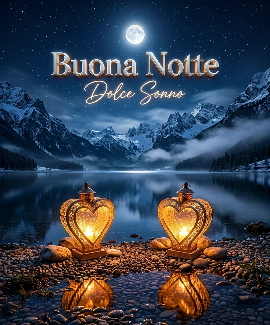Splendido panorama della buonanotte con montagne innevate riflesse nel lago e due lanterne a forma di cuore accese sulla riva con scritta Buona Notte Dolce Sonno