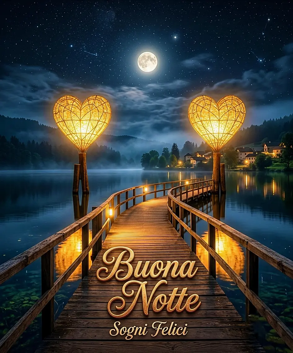 Un pontile in legno che conduce a lampioni a cuore sul lago con la scritta Buona Notte Sogni Felici