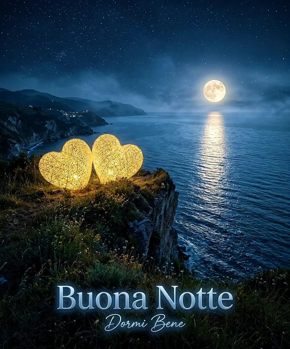 Immagini buonanotte romantiche con due cuori luminosi su una scogliera a picco sul mare sotto la luna piena e la scritta Buona Notte Dormi Bene