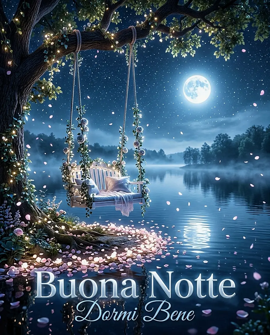 Paesaggio incantevole di buona notte con un'altalena bianca fiorita appesa a un albero sopra un lago illuminato dalla luna e la scritta Buona Notte Dormi Bene