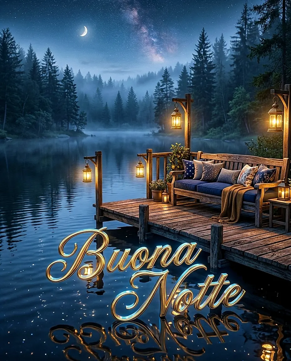 Un accogliente divano su un pontile in legno illuminato da lanterne di sera, ideale come nuovissimo buonanotte immagini recenti da condividere