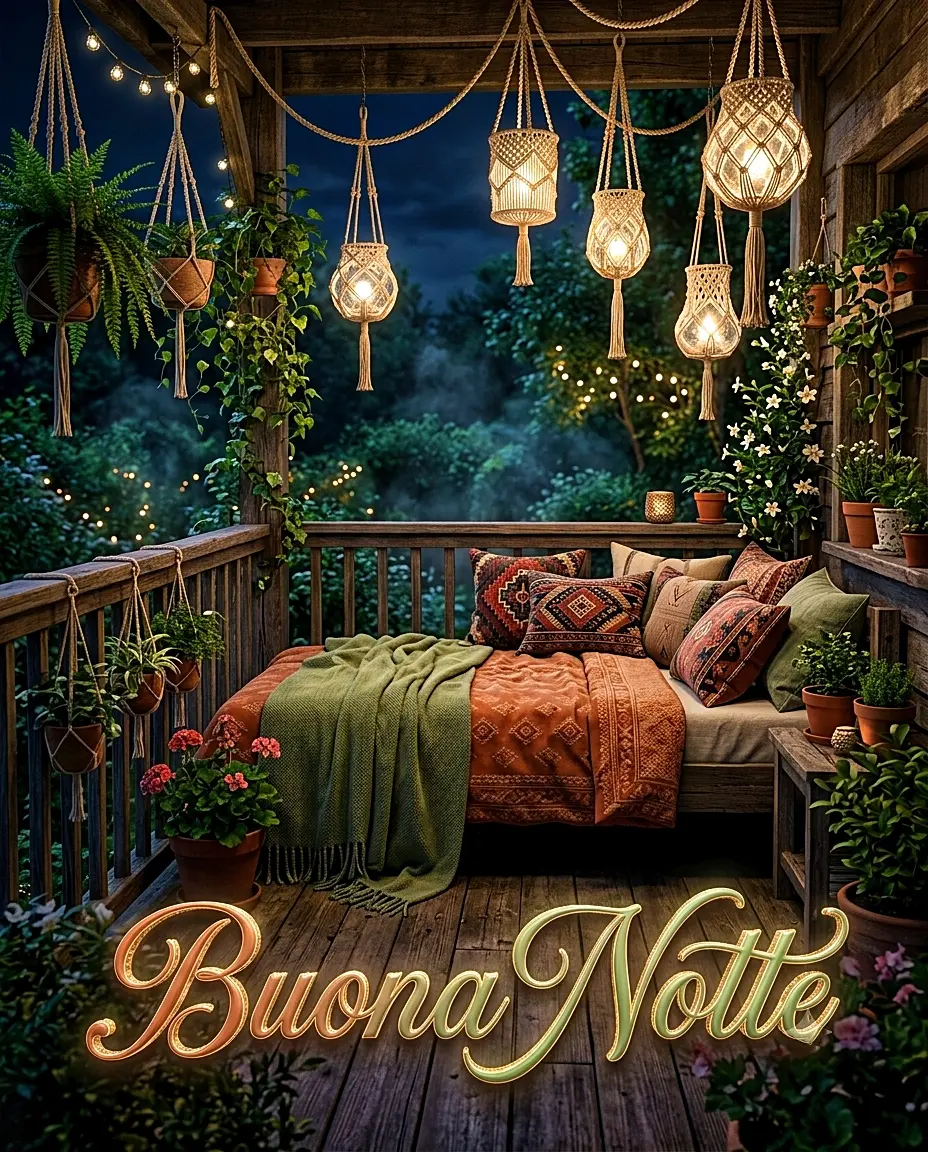 Terrazzo accogliente in stile boho chic di notte con un letto comodo, cuscini colorati, lanterne e piante sospese, splendida immagine buonanotte bella per whatsapp