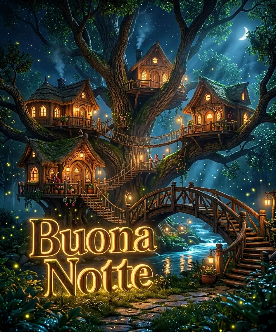Sfondo fantasy con case sull'albero incantate e illuminate di notte, ponti sospesi e lucciole, scritta dorata Buona Notte da condividere sui social