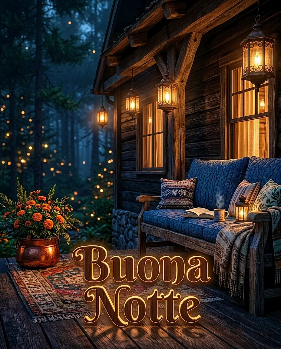 Portico in legno di uno chalet nel bosco illuminato da lanterne accese di sera, una splendida cartolina per augurare buonanotte amici in autunno