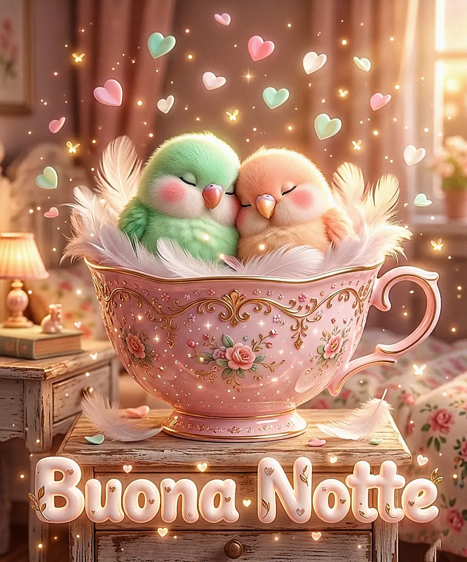 Due teneri uccellini colorati che dormono vicini dentro una tazzina da tè rosa decorata con fiori, ideale come nuovissimo buonanotte immagini recenti affettuoso