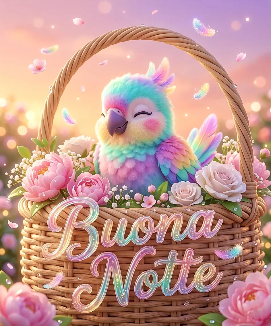 Un coloratissimo pappagallo arcobaleno che riposa in un cesto di rose con la scritta Buona Notte, una simpatica opzione per buonanotte immagini divertenti