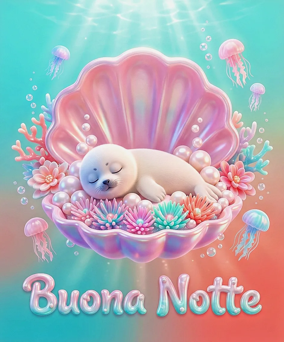 Una buffa foca bianca che dorme in una conchiglia rosa tra perle e meduse con la scritta Buona Notte, splendida grafica per buonanotte immagini divertenti