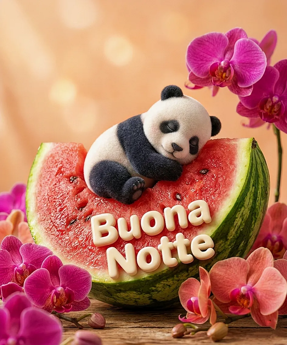 Un piccolo panda che dorme beatamente sopra una fetta di anguria tra orchidee rosa con la scritta Buona Notte, un'idea fresca per buonanotte immagini divertenti