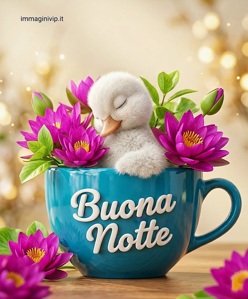 Un anatroccolo bianco che fa un pisolino dentro una tazza blu piena di ninfee viola con la scritta Buona Notte, ottima idea per buonanotte immagini divertenti

