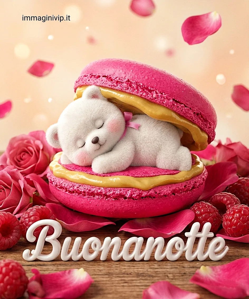 Un tenero orsetto bianco che dorme dentro un macaron rosa circondato da lamponi e la scritta Buonanotte, ideale per trovare buonanotte immagini divertenti e golose