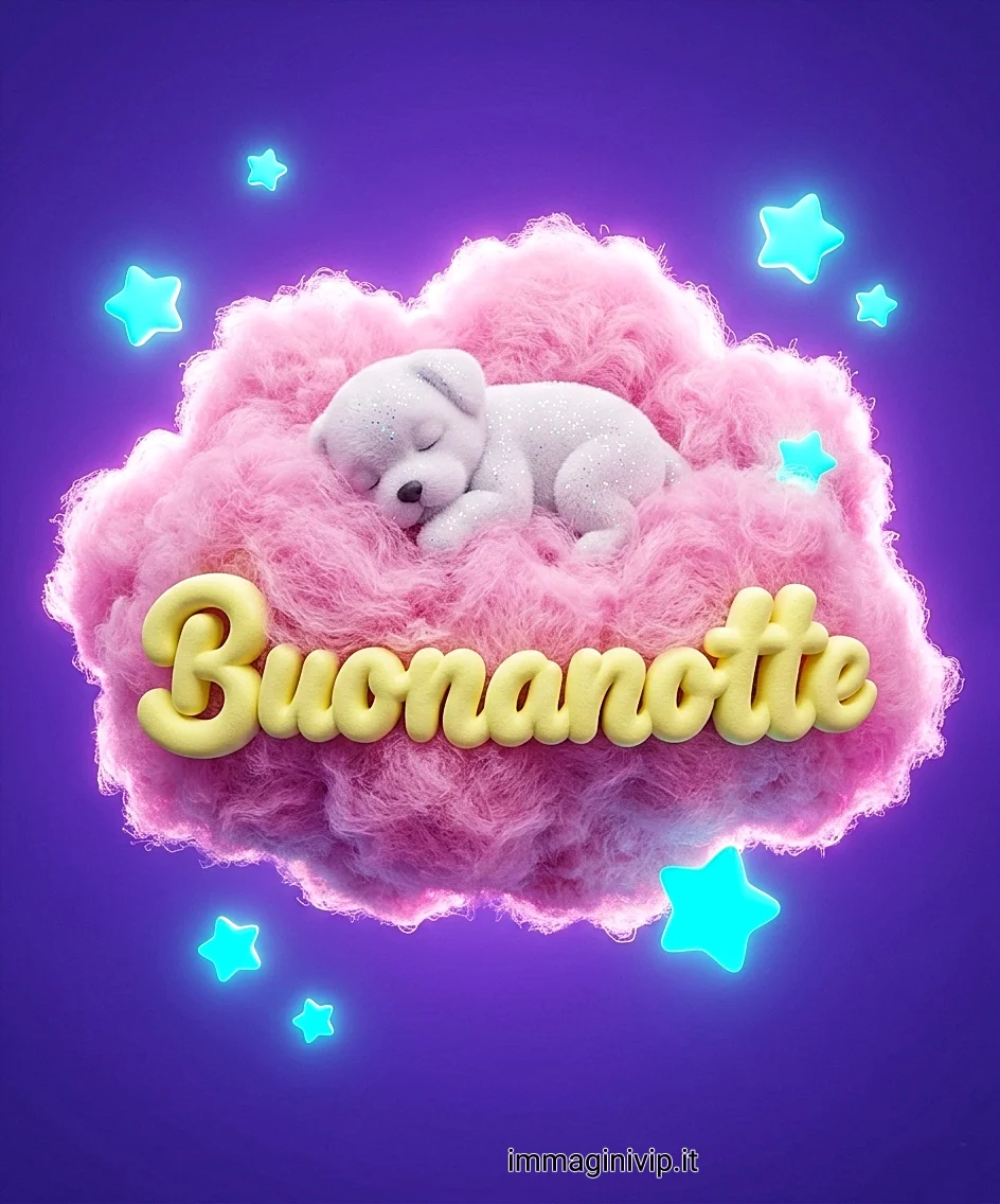 Un cagnolino bianco che dorme su una nuvola rosa di zucchero filato con la scritta gialla Buonanotte, ideale come nuovissima opzione per buonanotte immagini divertenti