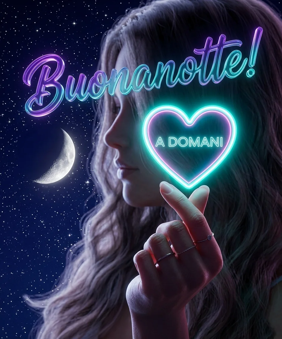 Immagini buonanotte a domani: profilo di donna con scritte e cuore al neon azzurro e viola sotto il cielo stellato