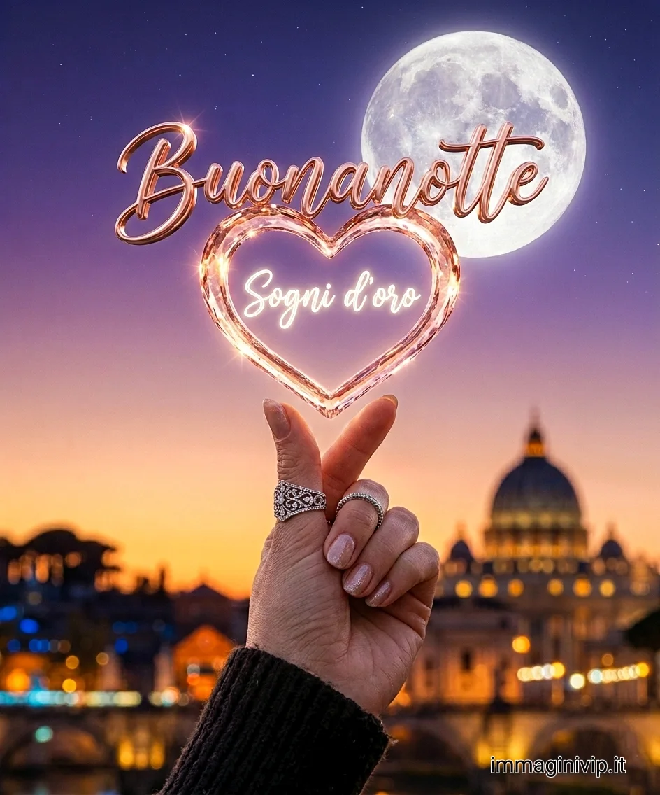 Immagini buonanotte romantiche: mano con anello che tiene un cuore di cristallo rosa davanti al Vaticano a Roma
