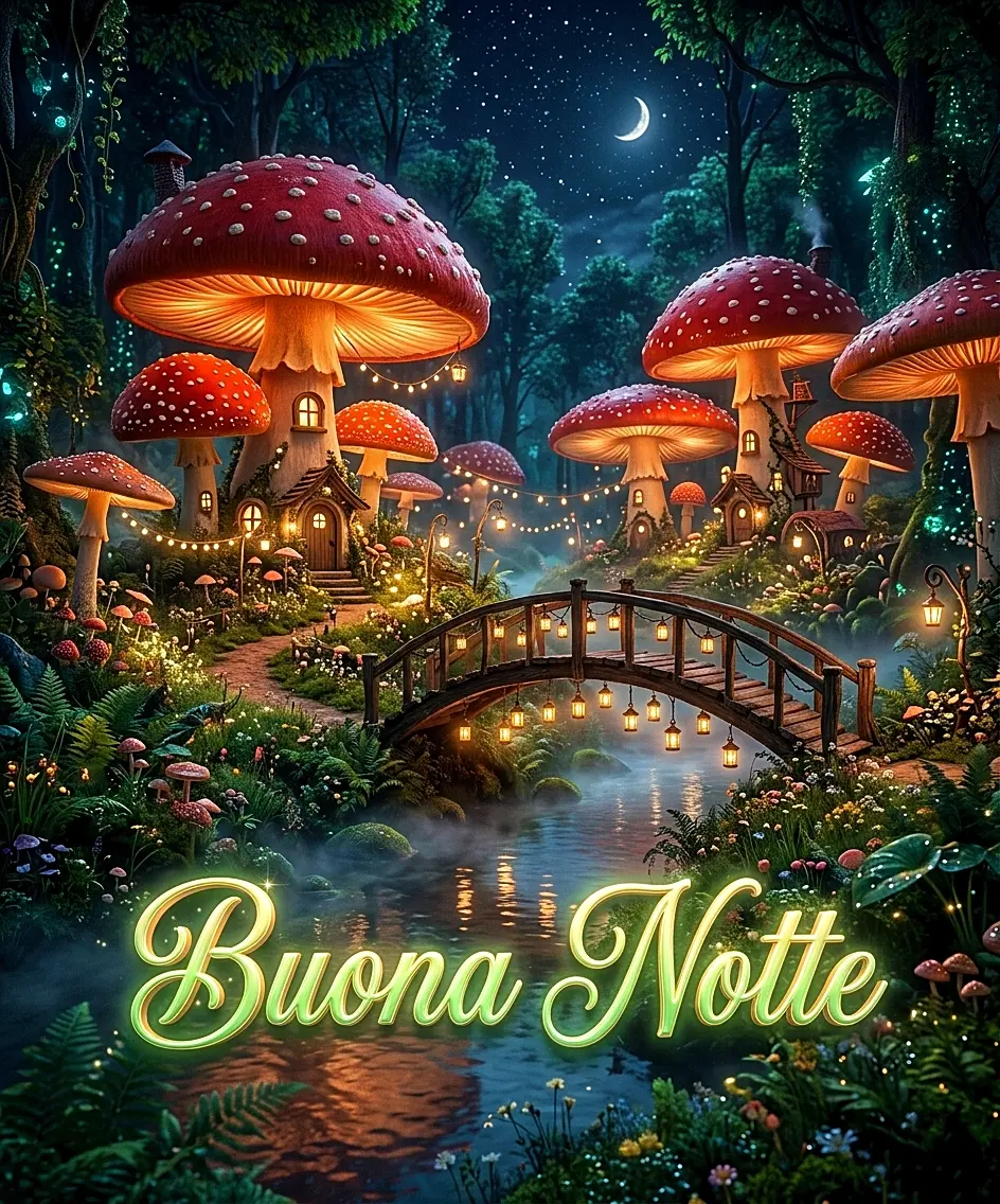 Paesaggio fiabesco notturno con case a forma di fungo rosso illuminate e ponticello di legno, perfetta per augurare una buonanotte magica e speciale