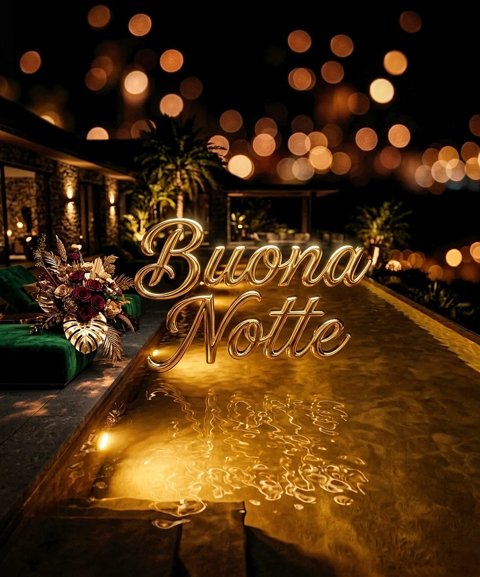 Piscina di lusso illuminata d'oro di notte accanto a un mazzo di rose scure, perfetta come nuovissimo buonanotte immagini recenti ed elegante