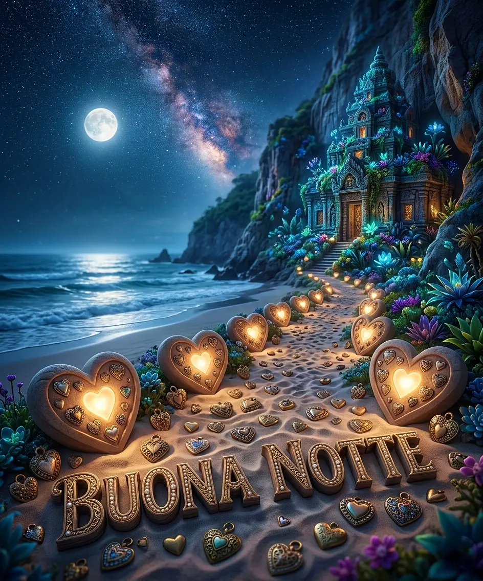 Un sentiero di cuori di pietra luminosi sulla spiaggia che conduce a un tempio fantastico, un magico esempio di nuovissimo buonanotte immagini recenti