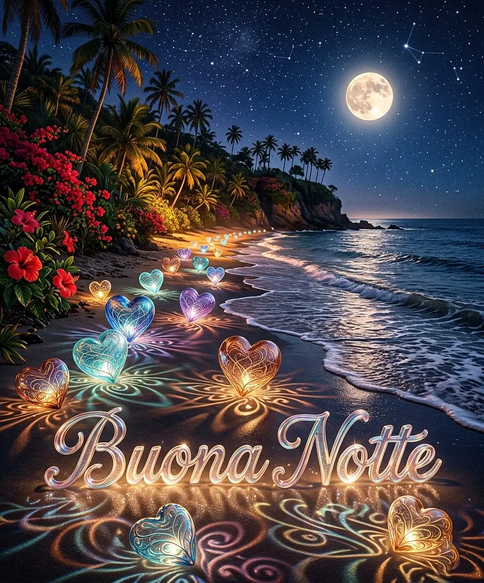 Spiaggia tropicale di notte con cuori luminosi colorati sulla sabbia bagnata dalle onde, luna piena e scritta Buona Notte, ideale da inviare su whatsapp